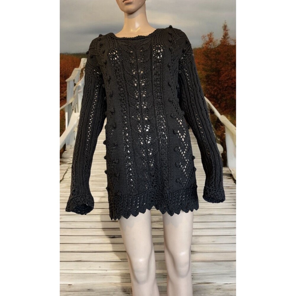 Vintage Chaus Knitted Crochet Black Sweater Women's Swimsuit Cover M Cotton